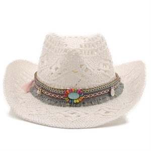 White crochet western cowboy hat with bohemian beadwork and tassel ornaments
