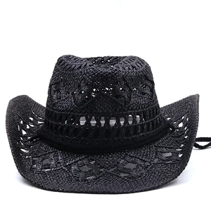 Classic black hand-woven straw cowboy hat with breathable hollow pattern for sun protection