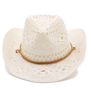 White hand-woven western straw cowboy hat with breathable crochet pattern and brown cord