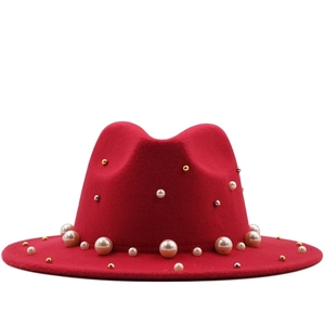 Fashionable red wool felt jazz hat for women with elegant pearls and metallic rivet details
