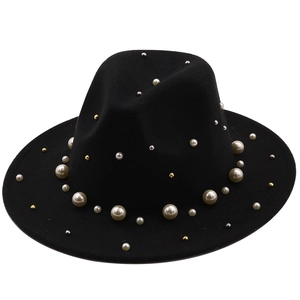 Classic black wool felt jazz hat with elegant white pearls and metal stud decorations