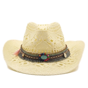Handmade woven straw western cowboy hat with colorful beads and turquoise tassels