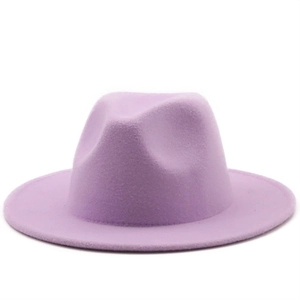 Front view of elegant purple wool felt fedora hat with flat brim and classic jazz style