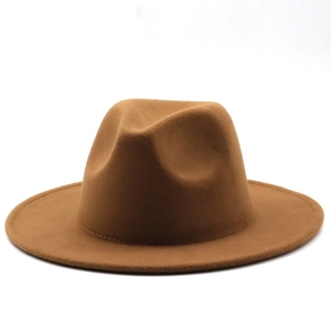 Detailed view of camel wool fedora hat showing sturdy reinforced stitching on flat brim