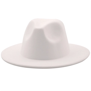 Detail of the high-quality white wool felt fedora with a classic flat brim and pinched crown