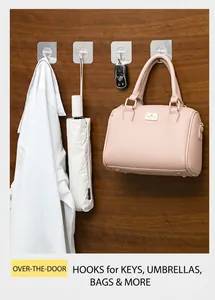 Transparent adhesive wall hooks showing multi-use storage for keys, bags and umbrellas