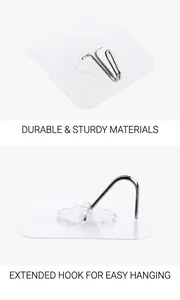 Detail view of transparent adhesive hook with extended metal U-shape and PP material base