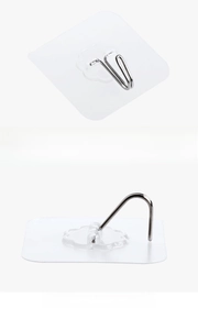 Detail view of transparent adhesive hook with extended metal U-shape and PP material base