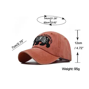 Size chart for washed cotton bear embroidery baseball cap showing measurements and specifications
