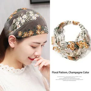 Champagne mesh headband with delicate grape flower embroidery for summer hair styling