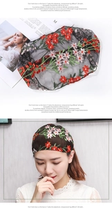 Detail of floral embroidery on black lace headband showing product and model wearing effect