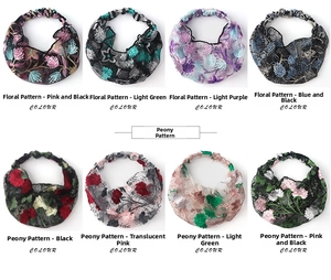 Detail view of lace mesh headbands featuring floral embroidery and elastic band back