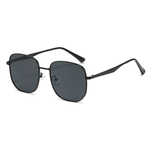 Classic oversized black polygonal metal frame sunglasses with dark grey polarized lenses