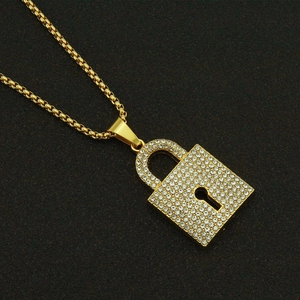 Punk style iced out lock pendant necklace in gold finish for men with crystal embellishments