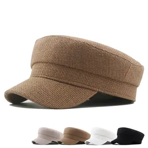 Chapeau Militaire Femme Toit Plat Mélange Coton Lin Respirant Mode Casquette Cadet Newsboy Pour Automne Hiver
