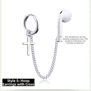 Close-up of silver steel anti-lost cross hoop earring for wireless earphones