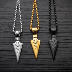Spearhead pendant necklaces in silver, gold, and black stainless steel for men