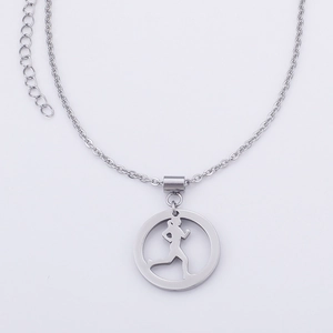 Running woman silhouette necklace in silver stainless steel with minimalist round pendant