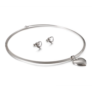 Polished stainless steel flat collar necklace and heart earring jewelry set on white background
