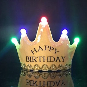 Beige LED glowing birthday crown for kids with silver sequins and colorful lights