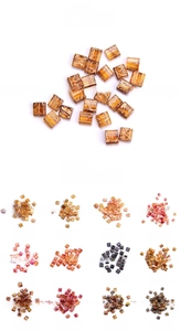 Macro detail of square Tila glass beads in 12 assorted colors for DIY jewelry making