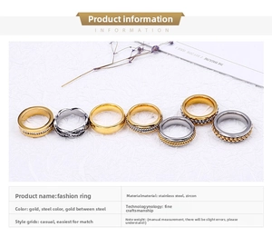Close-up of stainless steel beaded rings with zircon in gold and silver finishes