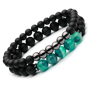 Ensemble de bracelets double couche en perles noires mates et agate verte rayée