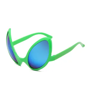 Alien party sunglasses with bright green frames and blue reflective lenses for costume fun