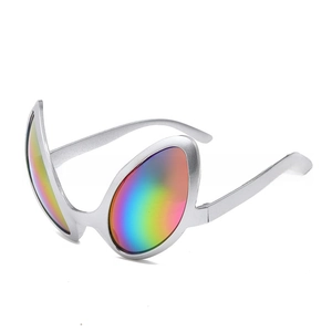 Detail of futuristic silver alien glasses with rainbow lenses for party and costume use
