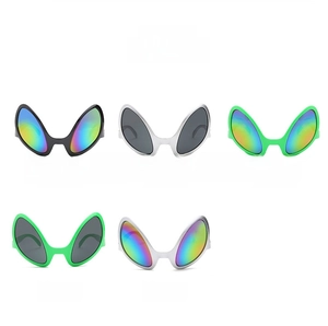 Various color options of alien party sunglasses with futuristic frames and vibrant lenses