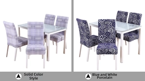Elastic chair covers in minimalist plaid and blue paisley patterns for dining chairs