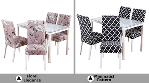 Detail of floral and geometric patterns on stretch fabric dining chair covers