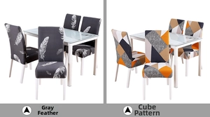 Detail view of elastic chair covers in Grey Feather and Cube geometric patterns