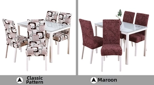 Detail showing elastic chair covers in geometric spiral pattern and hemp red texture