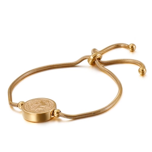 Adjustable golden stainless steel snake chain bracelet with St. Benedict medal charm