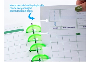 Detail view of fluorescent green binding discs for mushroom hole notebook pages