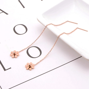 Elegant rose gold daisy flower long threader earrings made of polished stainless steel