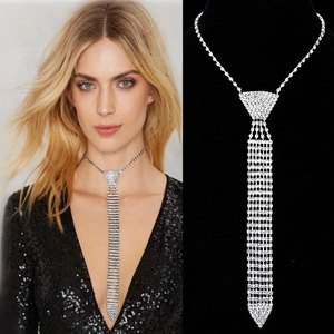 Exaggerated Tie Shaped Rhinestone Tassel Necklace For Women Sparkly Long Copper Chain Neck Jewelry For Banquet Party Nightclub