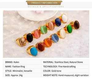 Macro shot of gold stainless steel rings set with various natural gemstones and opal