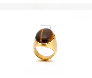 Detailed size specifications for a gold-plated stainless steel oval tiger eye stone ring