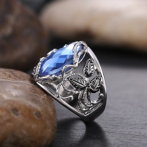 Marquise blue crystal ring with leaf hollow design in silver tone for women
