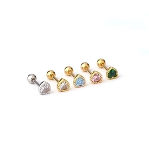 Mini colorful heart zircon screw ball stud earrings set in silver and gold plated metal