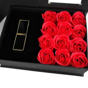 Valentine's Day gift box with 12 red soap roses and a black gold-rimmed lipstick slot