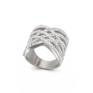 Sparkling silver cross ring with pavé crystals in a wide band minimalist fashion style