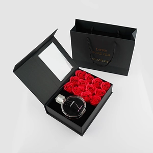 Detail of black gift box with 9 red soap roses and matching Love Forever gift bag