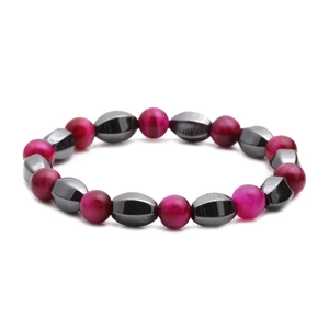 Tiger eye and faceted hematite beaded bracelet in rose red and dark grey tones