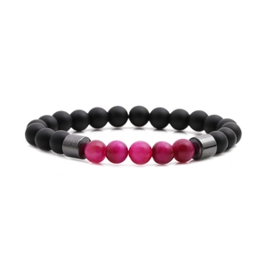 Tiger eye and matte stone beaded bracelet with rose red accents on white background