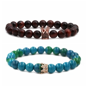 Natural Stone Beaded Bracelet With Copper Crown Charm Micro Inlaid Zircon Elastic Couple Jewelry For Women Men