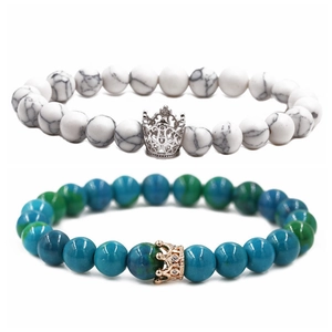 Couples beaded bracelets with marble phoenix stones and zircon hollow crowns