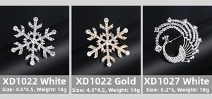 Détails des broches flocon de neige et paon serties de cristaux brillants sur alliage poli